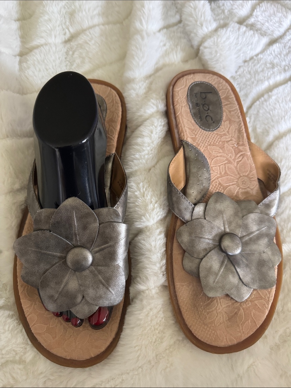 b.o.c. Floral Metallic Pewter Slide Sandals
